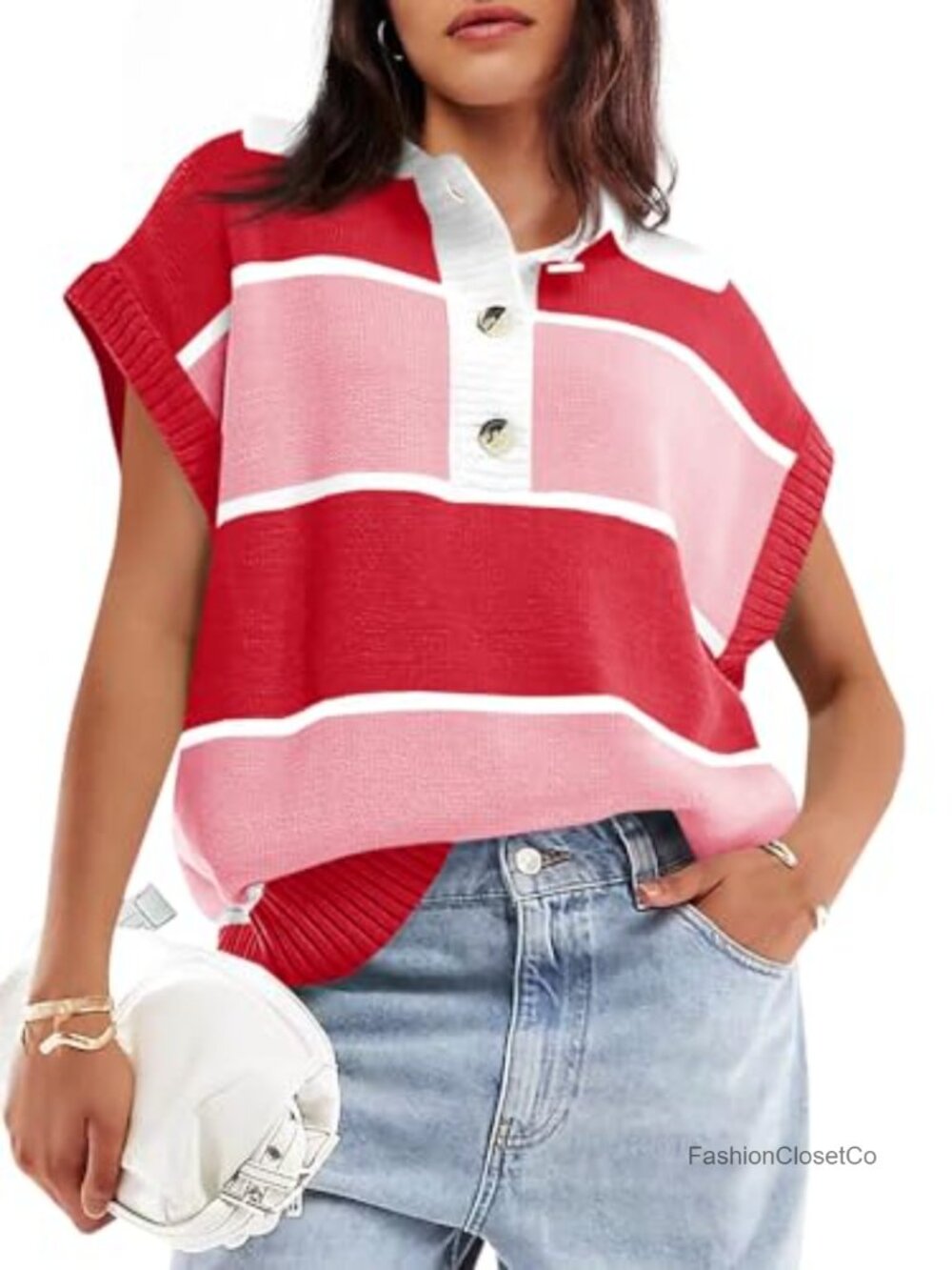 Women's V Neck Button Down Striped Short Sleeve Knit Sweater Lightweight